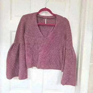 Free People Rose Pink Damsel Bell Sleeve Cotton Vneck Knitted Sweater,Size M